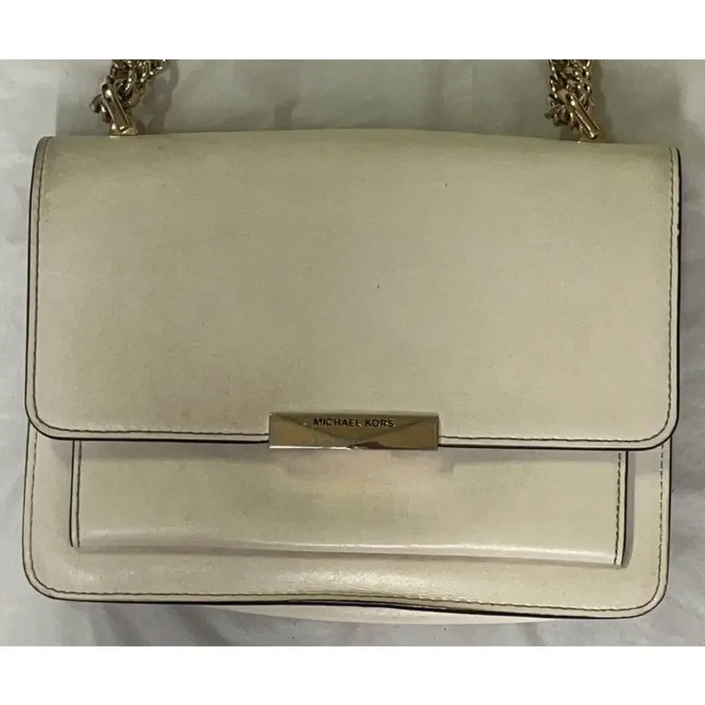 Michael Kors Cream Jade Leather Shoulder Bag Purse, Gold Hardware